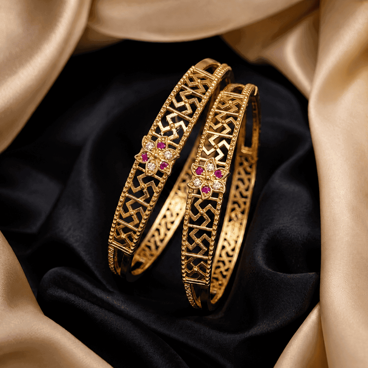 Traditional Gold-Tone Floral Designer Bangles with CZ Stones
